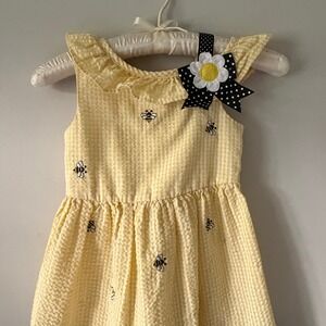 Counting‎ Daisies Girls Yellow Seersucker Bee Gingham Dress Size 5 Polka Dot Hem